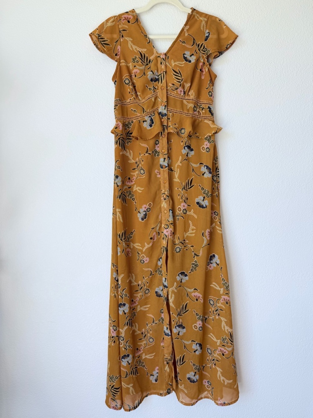 Japna Mustard Floral Maxi Dress Boho Ruffle Button Front Flowy Medium